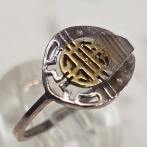 Vintage 916 Silver Shou Longevity Symbol Ring Two Tone Teardrop Size 10 2.7g